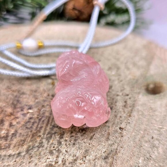 Nature Rose Quartz Pi Xiu Hand Braided Pendant Necklace - Picture 4 of 10